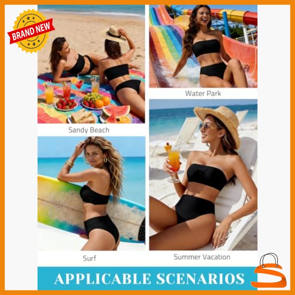 High Waisted Bikini Set Strapless Bandeau Cheeky Swimwear X-Large - Picture 6 of 7